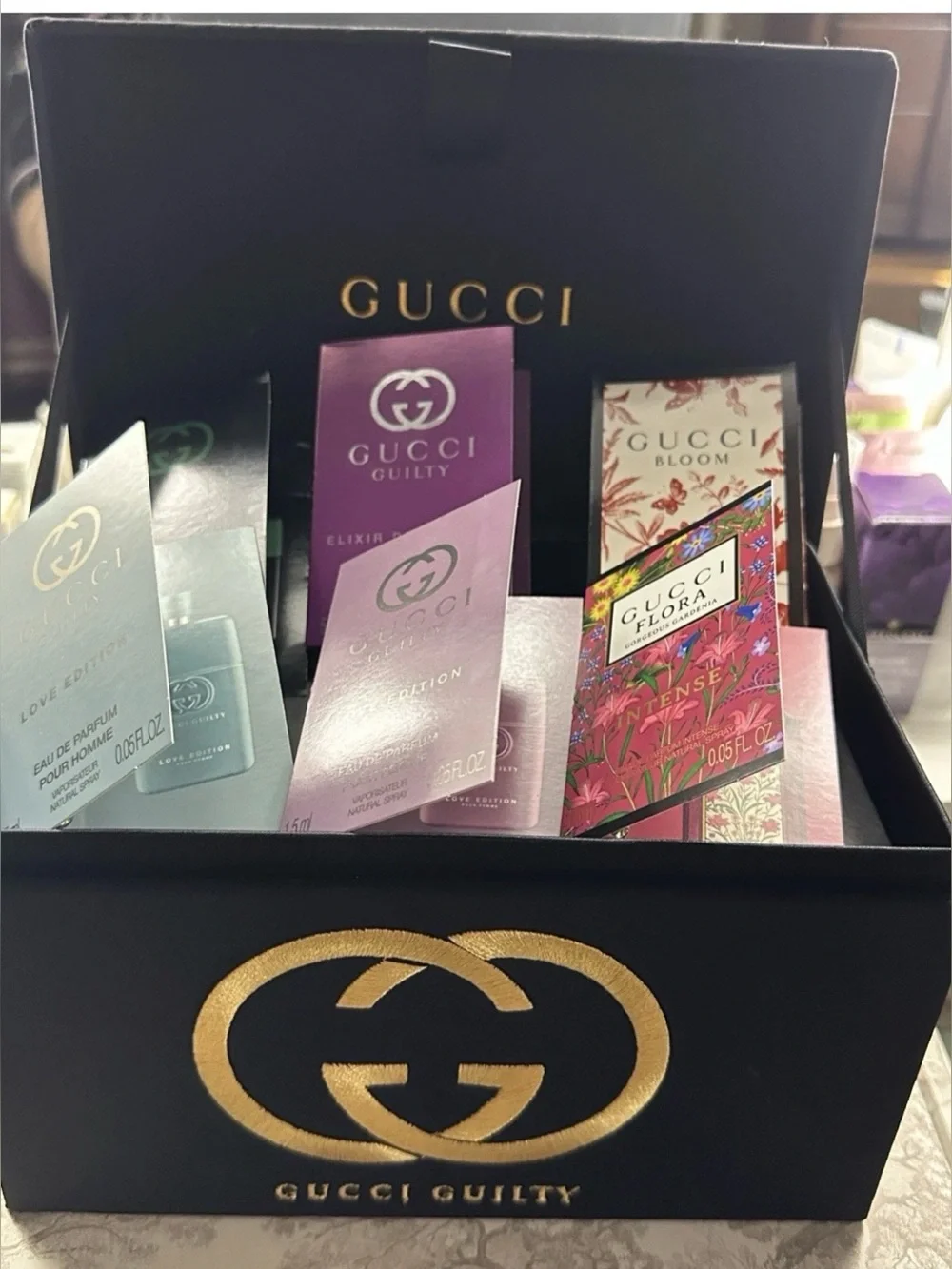Gucci Black Gold Lined Luxury Fabric Box 🤩STUNNING🖤+6 Gucci Perfumes 1.5ml